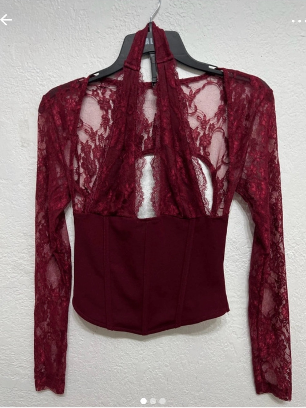 SHEIN Burgundy Lace Corset-Style Long Sleeve Top